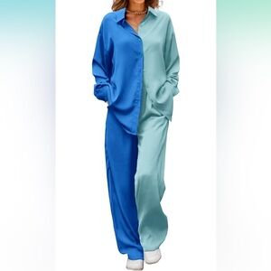 PRETTYGARDEN 2 Piece Outfits Wide Leg Pants Sets Two-Tone Blue and Aqua Satin M